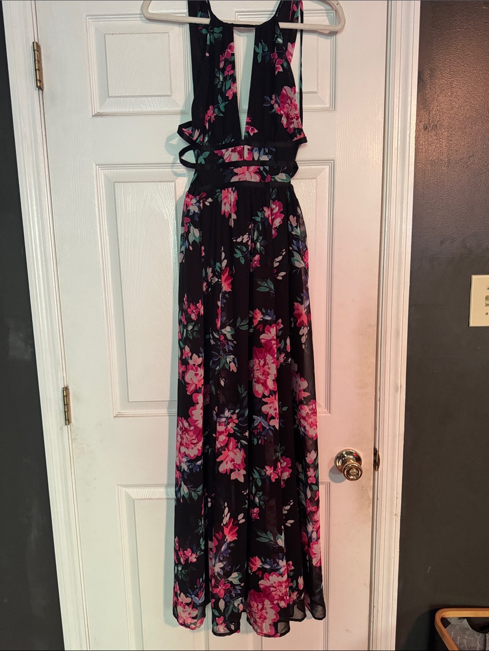 Express Halter Floral Maxi Dress in Black with Pink Flowers